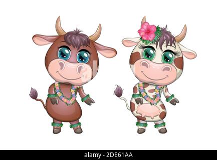 Ein Paar niedlichen Cartoon-Stier und Kuh mit schönen Eyes ist der Charakter eines hawaiianischen Hula-Tänzers Blätter Stock Vektor