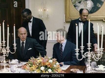 Präsident Giscard d'Estaing von Frankreich und Jimmy Carter nehmen an einem Arbeitsessen Teil. Ca. 05/26/1978 Stockfoto