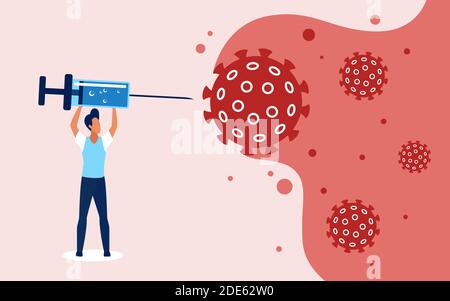 Coronavirus-Impfstoff, Klinik Immunisierung Medizin Konzept Vektor Illustration. Cartoon Mann hält medizinische Impfstoff Spritze Injektion, mit Impfung für Immunsystem Schutz Hintergrund Stock Vektor