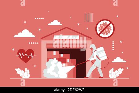 Lagerdesinfektion aus covid19 Coronavirus Konzept Vektor Illustration. Cartoon Arbeiter Charakter mit Schutzanzug und Ausrüstung Sprühen Reinigung desinfizieren Virus Erreger in Lagerhaus zu töten Stock Vektor