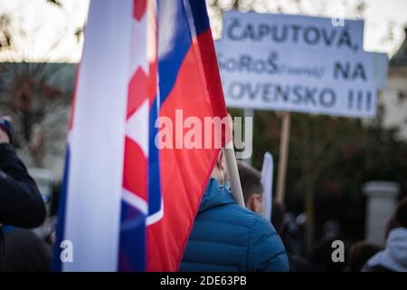 Person hält slowakische Nationalflagge in der Menge auf slowakischen Anti Staatliche Demonstration gegen Einschränkungen durch Corona-Viren Stockfoto