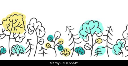 Bäume und Weihnachtsbäume nahtlose Grenze mit Wald . Handgezeichneter Doodle-Hintergrund für Rahmen. Vektorgrafik Stock Vektor