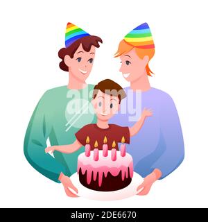 Gay LGBT Familie Feier Vektor Illustration, Cartoon Wohnung glücklich zwei Väter mit Jungen Kind feiert Geburtstag mit Geschenk Kuchen isoliert auf Stock Vektor