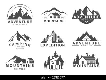 Berg-Logo flach Vektor Illustration Set, Design Element Zeichen Logo Stempel Sammlung von Outdoor-Tourismus Abenteuer, Leben in der Wildnis Stock Vektor