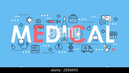 Medizinisches Wort dünne Linie Vektor-Illustration mit Medizin und Gesundheit Symbole, medizinische Unterstützung Gesundheit, Labordiagnose und Behandlung Stock Vektor