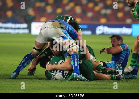 London, England. 29. November 2020. Action während des Gallagher Premiership-Matches zwischen London Irish und Leicester Tigers im Brentford Community Stadium. Kredit: Richard Perriman/Alamy Live Nachrichten Stockfoto