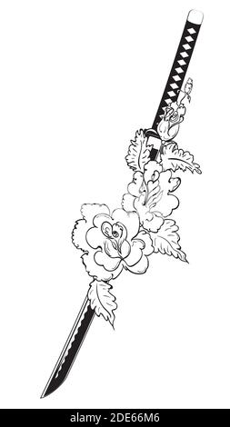 Japanisches Katana Schwert mit Rosen schwarz und weiß Illustration. Stock Vektor