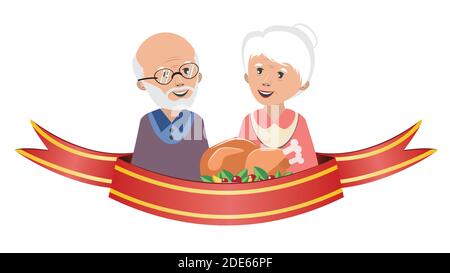 Cartoon Großeltern mit gebratenem truthahn oder Huhn, traditionelle Feiertagsmahlzeit. Stock Vektor