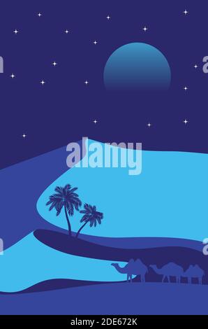 Sanddünen in der Wüste bei Nacht, vintage minimalistisches Poster Design. Stock Vektor