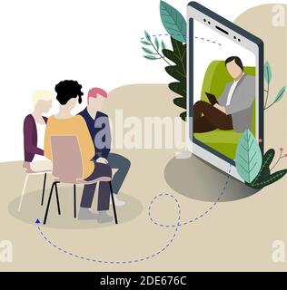 Online-Psychologe spricht mit Gruppe von Patienten. Illustration Psychologe und Patienten. Vector Psychologie online, Charakter Person Kommunikation und c Stock Vektor