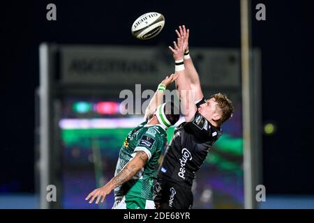 Treviso, Italien. November 2020. Treviso, Italien, Monigo Stadion, 29 Nov 2020, Matthew Screech (Dragons) in Kontakt während Benetton Treviso vs Dragons Rugby - Rugby Guinness Pro 14 Spiel - Credit: LM/Ettore Griffoni Credit: Ettore Griffoni/LPS/ZUMA Wire/Alamy Live News Stockfoto
