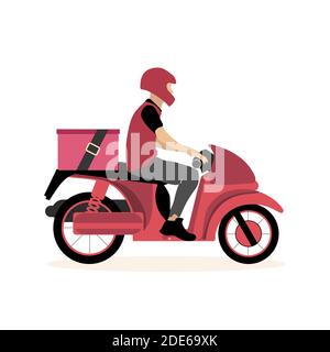 Scooter Kurier Cartoon auf weißem Hintergrund isoliert. Vector Scooter Lieferung, schneller Service per Moped, Food-Kurier mit Box für Pizza Illustration Stock Vektor