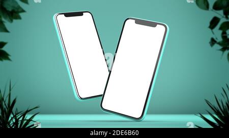 Zwei iPhones mockup auf grünem Hintergrund mit Pflanzen. 3D-Rendering. Weißer Bildschirm Stockfoto