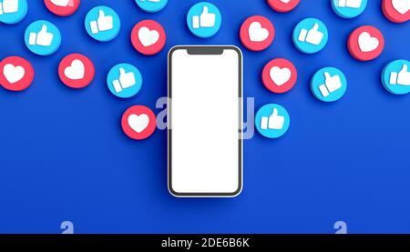 Facebook Post Mockup mit Handy auf einem blauen Hintergrund von wie Benachrichtigungen umgeben. 3D-Rendering. Weißer Bildschirm Stockfoto