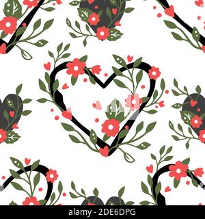 Am Valentinstag mit nahtlosem Muster im floralen Dessin. Einfache schwarz-weißen Herz und Blumen Hintergrund. Herz Form Vektor Tapete. Stock Vektor