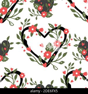 Am Valentinstag mit nahtlosem Muster im floralen Dessin. Einfache schwarz-weißen Herz und Blumen Hintergrund. Herz Form Vektor Tapete. Stock Vektor