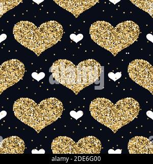 Valentines golden Glitzer modern Liebe nahtloses Muster. Glänzende Herz Hintergrund. Textur aus Goldfolie. Grußformel zur Weihnachtsfeier. Stock Vektor