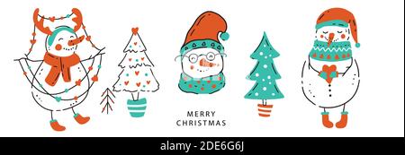 Vector Schneemann Banner. Frohe Weihnachten niedliche Hand gezeichnet Doodle Cartoon Illustration. Niedlicher Schneemann Cliparts Set. Stock Vektor