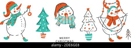 Vector Schneemann Banner. Frohe Weihnachten niedliche Hand gezeichnet Doodle Cartoon Illustration. Niedlicher Schneemann Cliparts Set. Stock Vektor