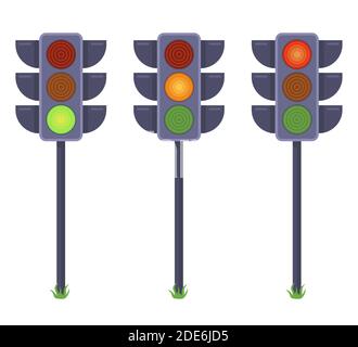 Satz von Ampeln mit verschiedenen Farbsignalen. Flache Vektorgrafik isoliert auf weißem Hintergrund. Stock Vektor