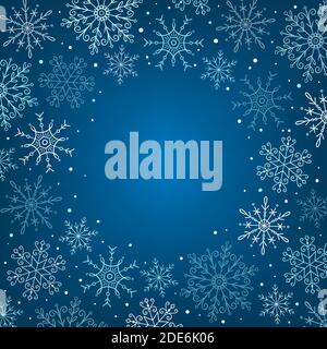 Handgezeichneter Schneeflocken-Rahmen. Schneeflocken isoliert auf blauem Hintergrund. Perfekt für Winterkarten-Designs. Vektorgrafik. Stock Vektor