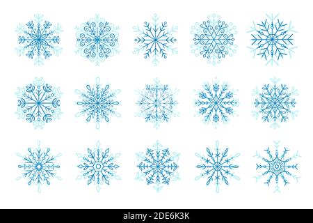 Handgezeichnetes blaues Schneeflocke-Icon-Set. Vektorgrafik, isoliert auf weißem Hintergrund. Stock Vektor