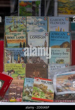 Eine Sammlung von Laydybird-Büchern im Fenster einer Buchhandlung. Stockfoto