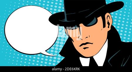 Mann Detektiv ermittelt. Gekleidet in einen Retro-Regenmantel und Hut. Schwarze Brille tragen. Für Text platzieren. Vektor-Retro-Illustration im Pop-Art-Stil. Stock Vektor