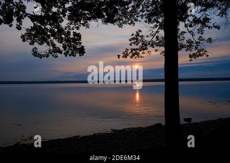 Ein ruhiger, orangefarbener Sonnenaufgang über der Union River Bay, der über Mt Dessert Island in Surry, Maine, steigt. Stockfoto