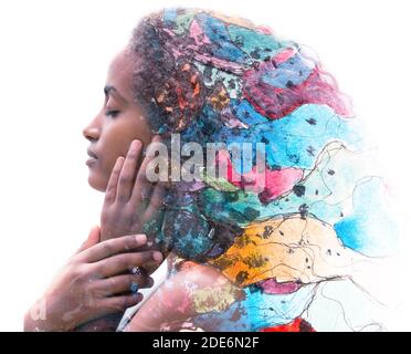 Paintographie. Ein Porträt kombiniert mit einem Gemälde Stockfoto