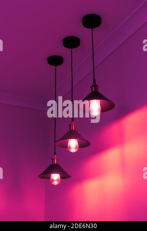 Drei Lampen mit klassischen Glühlampen in rosa Licht Stockfoto