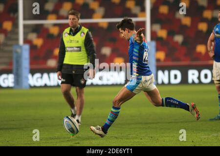 London, England. 29. November 2020. Joaquin Diaz Bonilla von Leicester Tigers während des Gallagher Premiership-Matches zwischen London Irish und Leicester Tigers im Brentford Community Stadium. Kredit: Richard Perriman/Alamy Live Nachrichten Stockfoto