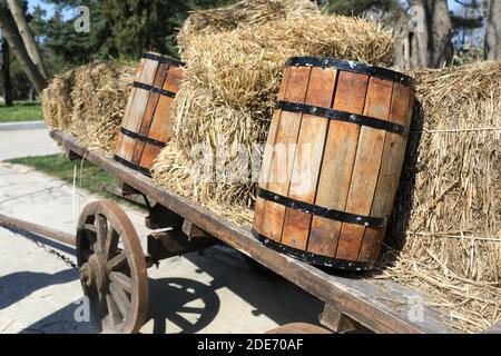 Pferdekutsche mit Heu und Fässern im Frühjahr Stockfoto