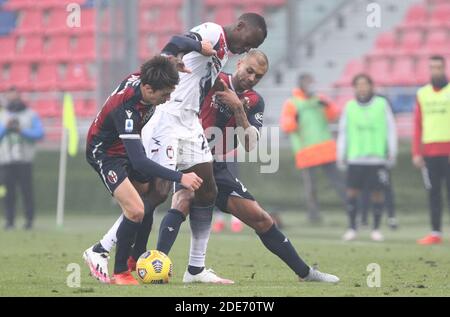 Crotone's Simy in Aktion mit Bologna's Aaron Hickey (L) und bologna's Danilo Larangeira (R) während der italienischen Serie A Fußballspiel Bologna FC gegen Crotone im Renato Dall'Ara Stadion in Bologna, Italien, 29 November 2020. Foto Michele Nucci / LM Stockfoto