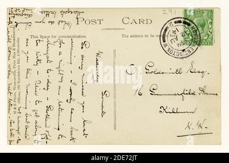 Rückseite von Postkarte aus der Zeit WW1, grüner King George V 1/2 d (halber Pence / Penny) Stempel, posted 12 August 1914 Stockfoto