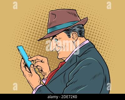 Ein älterer Geschäftsmann mit einem Smartphone. Der Chef schaut sich die Nachrichten an Stock Vektor