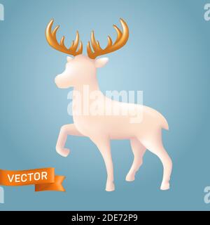 Weihnachtliche weiße Rentiere im realistischen Keramikstil. Vektor-Illustration von Xmas Porzellan dekorative Spielzeug Figur eines Rentiers mit goldenen Hörnern iso Stock Vektor
