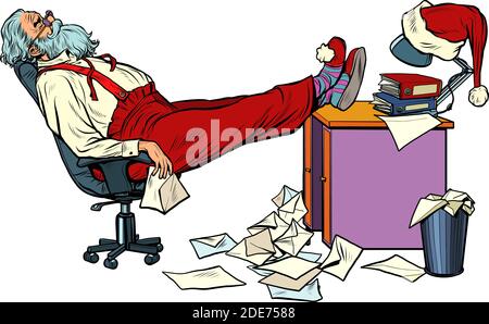 Der Weihnachtsmann ist müde und ruht im Büro für Weihnachten Stock Vektor