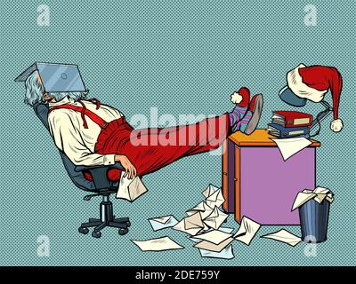 Der Weihnachtsmann ist müde und ruht im Büro für Weihnachten Stock Vektor