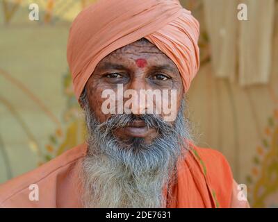 Der indische Hindu-heilige Mann mittleren Alters (Sadhu, baba, Guru) mit Hautunreinheiten auf seinem Gesicht blickt direkt auf den Betrachter während der Shivratri Mela. Stockfoto