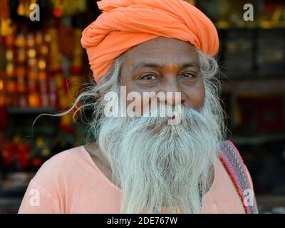 Der alte indische Hindu-Heilige (Sadhu, baba, Guru) mit dickem weißen Vollbart und freundlichen Augen posiert während des Shivratri Mela Festivals für die Kamera. Stockfoto