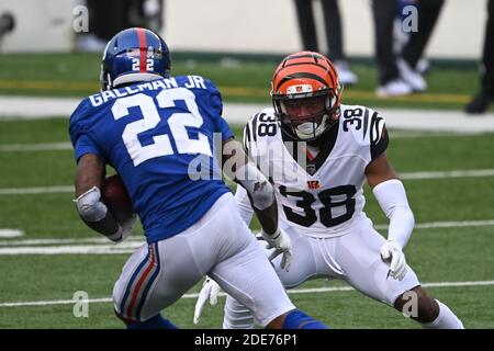 Cincinnati, OH, USA. November 2020. LeShaun Sims #38 der Cincinnati Bengals verfolgt Wayne Gallman #22 der New York Giants während der NFL-Fußballspiel-Action zwischen den New York Giants und den Cincinnati Bengals im Paul Brown Stadium am 29. November 2020 in Cincinnati, OH. Adam Lacy/CSM/Alamy Live News Stockfoto