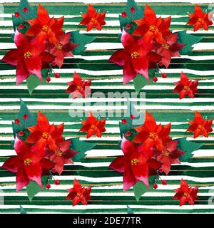 Nahtloses Muster mit roten Blumen Weihnachtseinkränzchen mit grünen und Goldstreifen im Grunge-Stil auf einem weißen Stockfoto