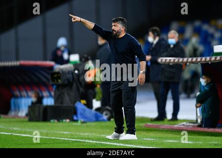 Neapel, Italien. November 2020. Gennaro Gattuso Manager des SSC Napoli Gesten während der Serie EIN Spiel zwischen Neapel und Roma im Stadio San Paolo, Neapel, Italien am 29. November 2020. Kredit: Giuseppe Maffia/Alamy Live Nachrichten Stockfoto