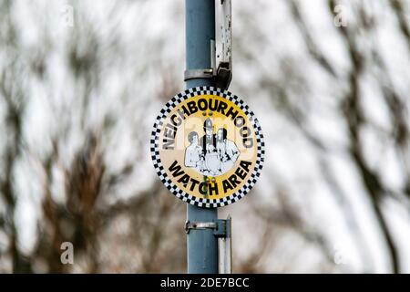 Quartiers Watch Area Schild auf einem Laternenpfosten in Großbritannien Stockfoto