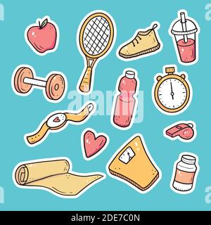 Handgezeichneter Satz Fitness, Fitnessgeräte, Aktivitäts-Lifestyle-Aufkleber. Doodle-Skizzenstil. Sportelement mit digitalem Pinselstift gezeichnet. Illustration für Icon, Sticker Design. Stock Vektor