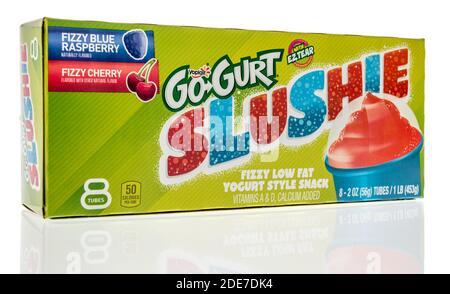 Winneconne, WI -22 November 2020: Ein Paket von Yoplait go gurt slushie Joghurt auf einem isolierten Hintergrund. Stockfoto