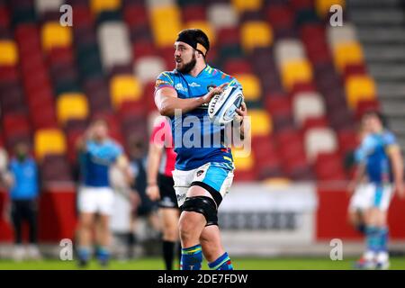 Brentford Community Stadium, London, Großbritannien. November 2020. Gallagher Premiership Rugby, London Irish versus Leicester Tigers; Cyle Brink of Leicester Tigers Credit: Action Plus Sports/Alamy Live News Stockfoto