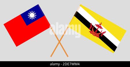 Gekreuzte Flaggen von Brunei und Taiwan. Offizielle Farben. Korrektes Verhältnis. Vektorgrafik Stock Vektor