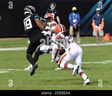 Jacksonville, Usa. November 2020. Jacksonville Jaguars Wide Receiver Collin Johnson (19) empfängt im ersten Quartal, als die Cleveland Browns am Sonntag, den 29. November 2020, auf dem TIAA Bank Field in Jacksonville, Florida, gegen die Jaguars antreten. Die Browns besiegten die Jaguare 27-25. Foto von Joe Marino/UPI Kredit: UPI/Alamy Live Nachrichten Stockfoto